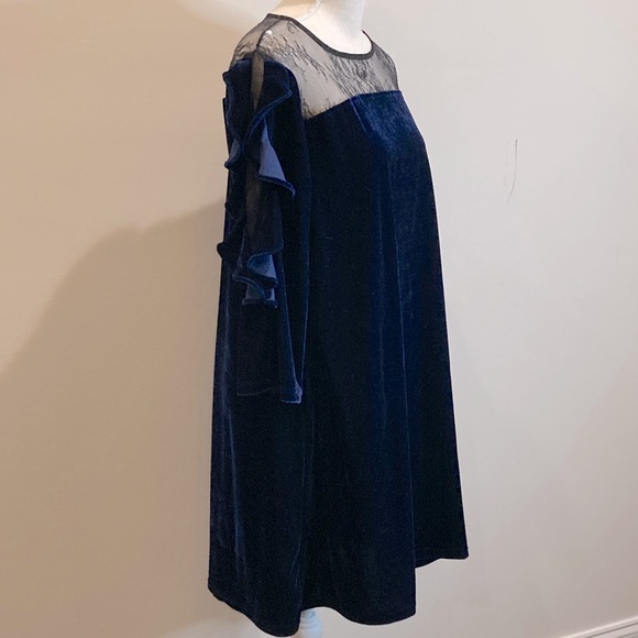 Umgee Blue Velvet Ruffle-Sleeve Semi-Formal Dress - Picture 1 of 6